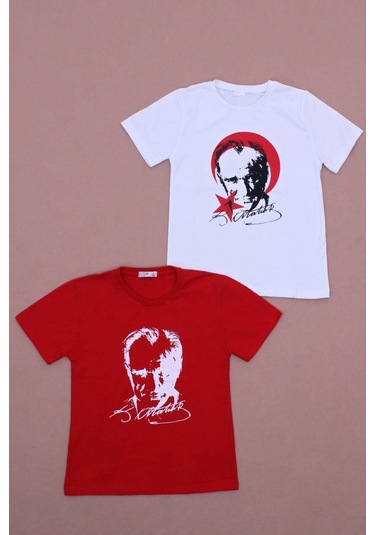 Fyk Kids 2'li Atatürk-imza Farklı Desenli Erkek-kız Çocuk T-shirt Kırmız - Beyaz