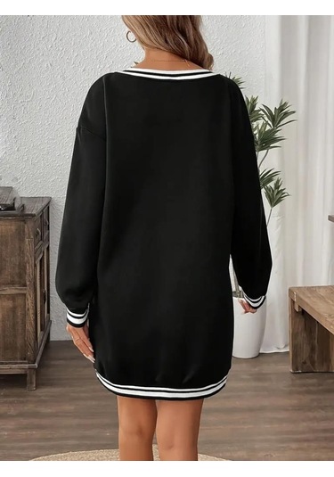 Kadın Uzun Kollu V Yakalı Şerit Detaylı Kısa Viskon Iki Iplik Elbise Siyah
