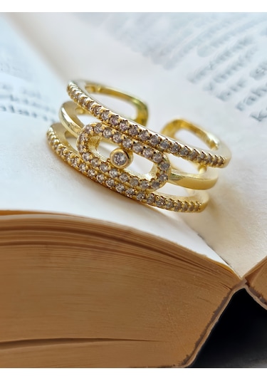 Ayarlanabilir Mess Model Zirkon Taşlı Gold Renk Çelik Yüzük Altın