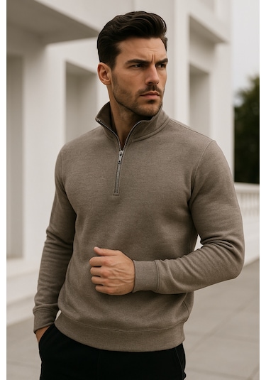 Rich Erkek Bej Yarım Fermuarlı Sweatshirt Bej