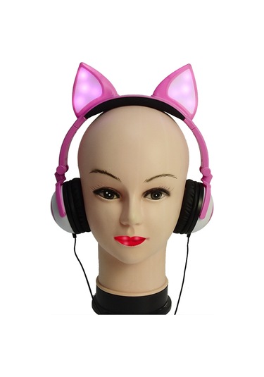 Leezsing Pembe Işık Açan Tilki Kulaklı Kablolu Kulaklık - 3.5mm, Katlanabilir, 18 Saat Pil Ömrü