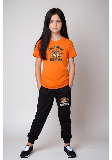 True Friends Baskılı Kız Çocuk Tişört Ve Eşofman Alt-üst Takım Turuncu