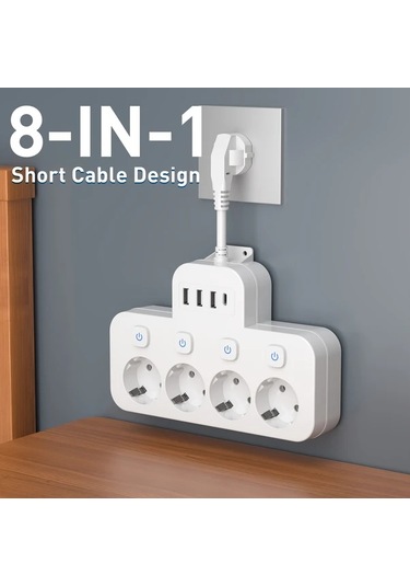 Xuweiwei 8li Güç Şeridi Siyah 4 Ac Çıkış 3 Usb Bağlantı 1 Tip-c Kompakt Duvara Monte Edilebilir Ofis Ev Seyahat İçin Avrupa Standart Fiş