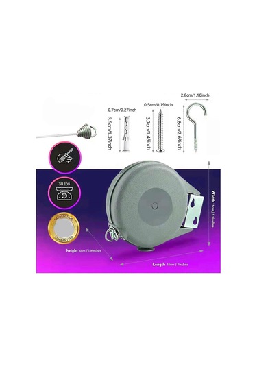 Ganzhoushop Geri Çekilebilir Çamaşır İpi, 40 Feet Uzunluğa Kadar, 30 Pound Taşıyabilir Gri Çok Renkli