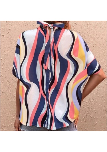 Yaz Dantel-up Leopar Baskı Batwing Kısa Kollu Bluz Zarif Gevşek Rahat Standı Yaka Gömlek Moda Şık Üstleri Kadın 25320 Siyah