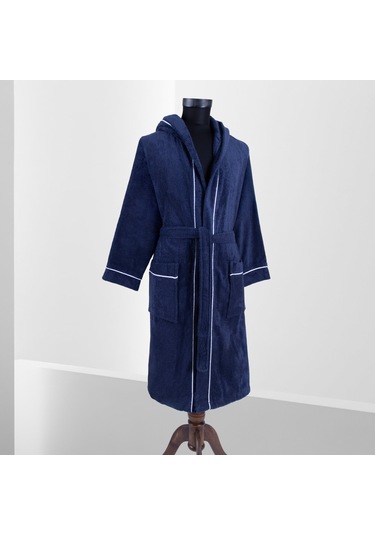 % 100 Pamuklu Laodikeia Kapşonlu Unisex Kadın Erkek Bornoz Lacivert
