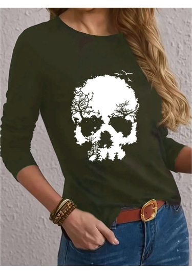 Ahes Shopping Kadın Uzun Kollu Bisiklet Yaka Kurukafa Desenli Viskon Bluz Yeşil