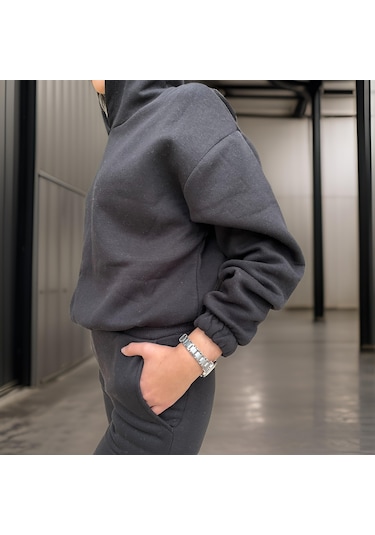 Ceyss Design Oversize İki İplik Şardonlu Beli Lastikli Kadın Eşofman Takımı-siyah Siyah