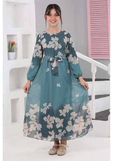 Kız Çocuk Astarlı Tam Boy Çiçek Desenli İç Göstermeyen Şık Ve Rahat Uzun Elbise Yeşil