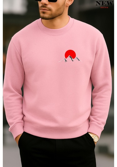 Kırmızı Dağ Baskılı Bisiklet Yaka Sweatshirt Pembe