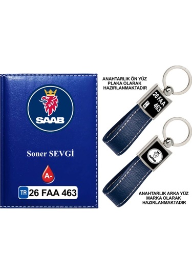 Plakanıza Özel Saab Logolu Lacivert Ruhsat Kabı Ve Anahtarlık