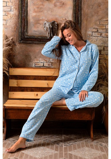 Kışlık Yılbaşı Desenli Kadın Gömlek Polar Pijama Takımı- Geyikli Yılbaşı Pijaması mavi