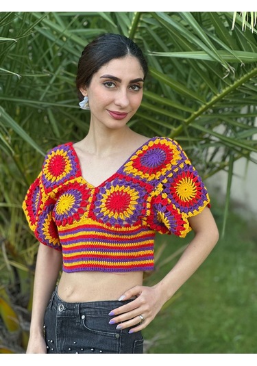 Gönülden Tasarım El Örgüsü Etnik Kadın Crop Bluz Turuncu