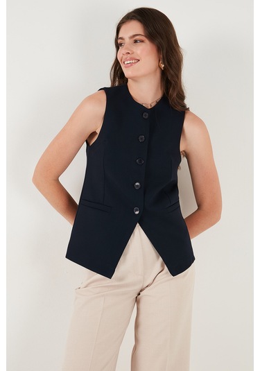 Lela Regular Fit Bisiklet Yaka Kolsuz Düğmeli Basic Bluz Bayan Yelek 65200004 Lacivert