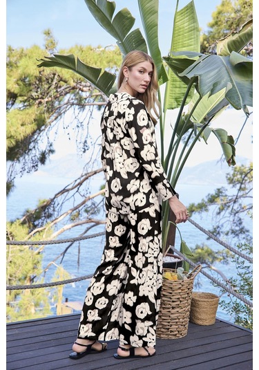 Monamise Kadın Desenli Önü Düğmeli Uzun Kollu Gömlek Yaka Alt Üst Takım 25060 Siyah