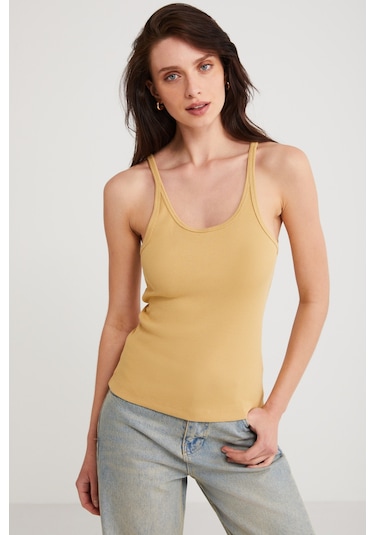 Ethıquet Lızeth Kadın Slim Fit Dar Kesim Oyuk Yaka İnce Askılı Basic Hardal Atlet