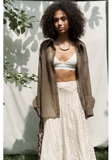 Peigi Çizgili Parçalı Bej Midi Etek Bej