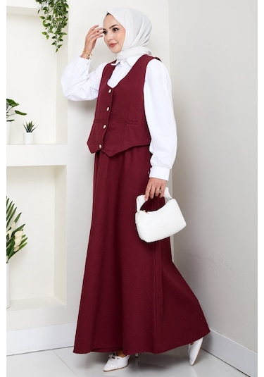 İkili Gabardin Yelek Etek Takım 1400 - Bordo Bordo