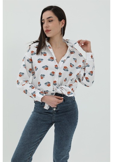 Çiçek Desen Kol Katlamalı Gömlek - Beyaz-beyaz Beyaz