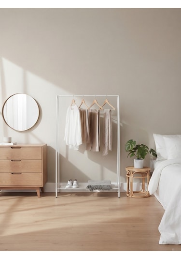 Telli Siyah Butik Elbise Askısı Ayaklı Askılık Konfeksiyon Askılık Beyaz