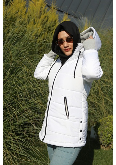 Barbora Kışlık Kapüşonlu Uzun Kadın Şişme Tesettür Mont 805beyaztesettür