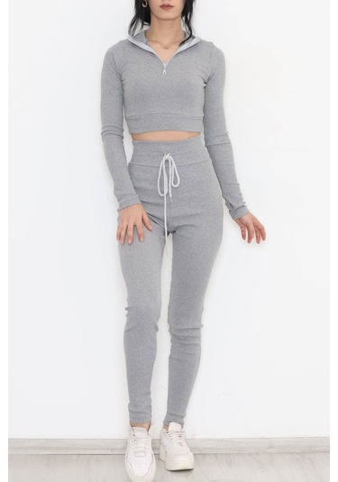 Mokashopin - Fermuarlı Crop Takım Gri - 12130.1748. 001