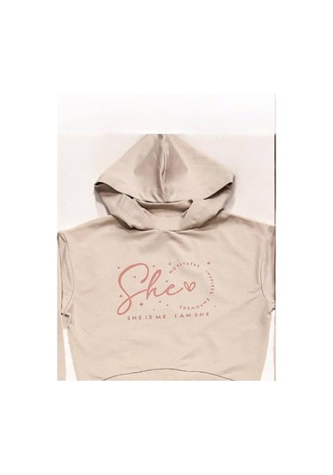 Kız Çocuk Kapüşonlu She Is Me Yazılı Eşofman Takım-15365 Bej