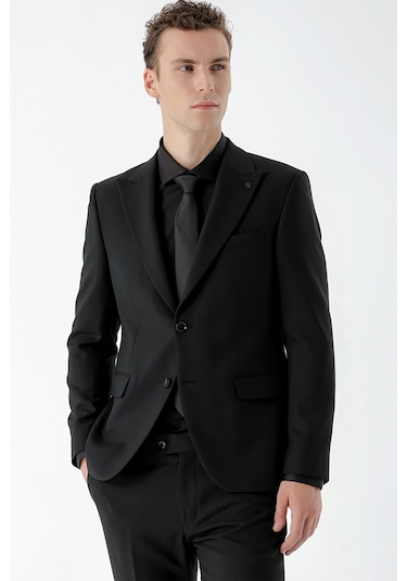 Morven Erkek Basic Düz Slim Fit Takım Elbise Gömlek + Kravat -  Siyah