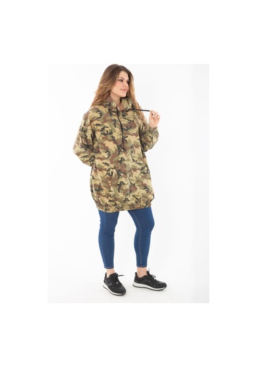 Kadın Büyük Beden Haki Rahat Kesim Kamuflaj Desenli Kapşonlu Kanguru Cepli Uzun Sweatshirt 65n37298-haki Haki