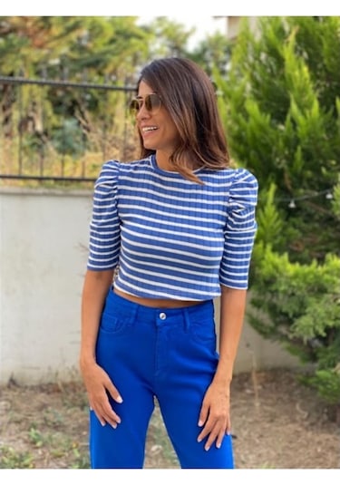 Forlady Mavi Beyaz Çizgili Crop (541867403)