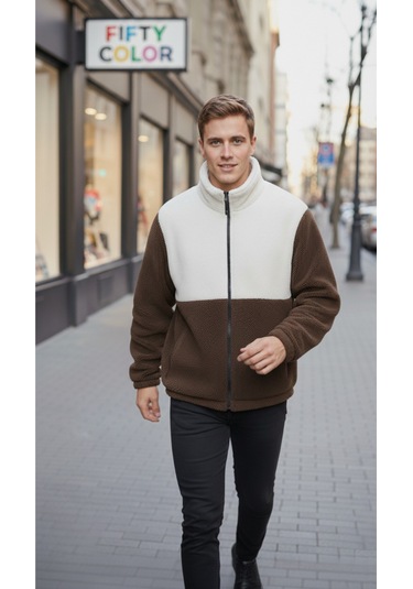 Premium Kalite Renk Bloklu, Fermuarlı, Dik Yaka, Sherpa, Polar, Peluş Ceket Kahverengi - Beyaz