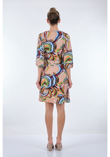 Explosion Midi V Yaka Sarımlı Elbise - Geometrik Desen - Günlük L