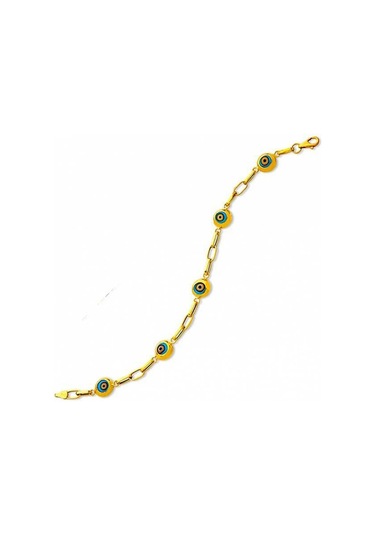 Bilezikhane Beşli Turkuaz Göz Boncuk 14 Ayar Altın Bileklik Sarı Altın