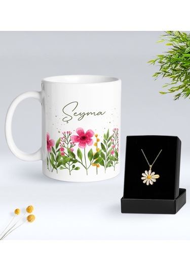 Bk Gift Kişiye Özel İsimli Çiçek Tasarımlı Beyaz Kupa Ve Papatya Kolye Hediye Seti - 6, Sevgiliye Hediye, Anneye Hediye, Arkadaşa Hediye Kobitmeyencom