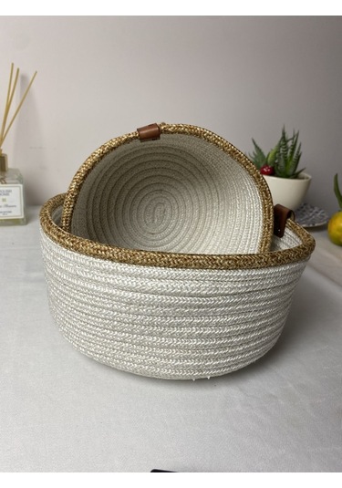 Beyaz Jüt 2li Yuvarlak Sepet Beyaz