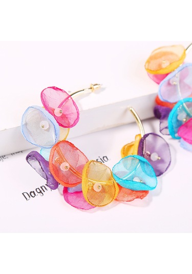 Kadınlar İçin Çiçek Kumaş Küpeler, Renkli Taze Daire Uzun Püskül Çok Renkli