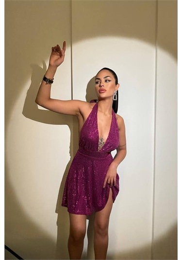 Kadın Mor Halter Yaka Payet Elbise Dpnbdf046 Mor