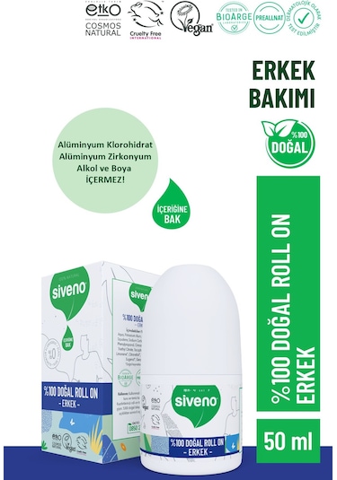 Siveno %100 Doğal Roll On Erkek Deodorant Ter Kokusu Önleyici Bitkisel Leke Bırakmayan Vegan 50 ML