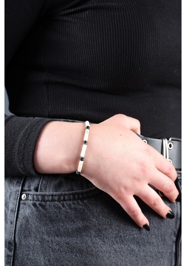 Ssilhoutte Doğaltaş Sertifikalı Erkek Kadın Doğal Taş Hediye Bileklik Amazonit Taşı Ve Hematit 4mm Tasarım Beyaz