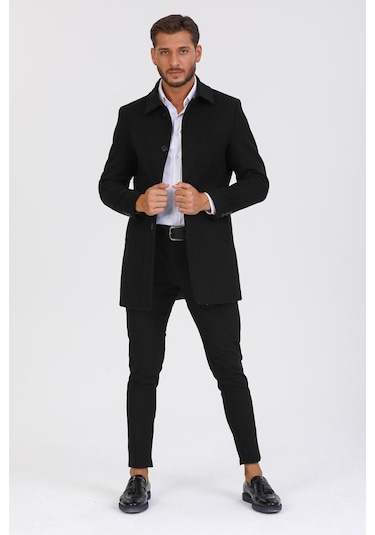 Erkek Siyah Dar Kesim Yün Karışımlı Kaşe Gömlek Yaka Palto Kaban Siyah