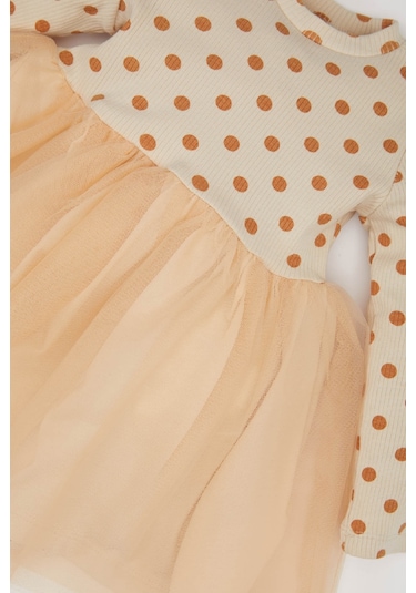 DeFacto Kız Bebek Çiçekli Uzun Kollu Tül Elbise D9573A525SPBG360 Bej