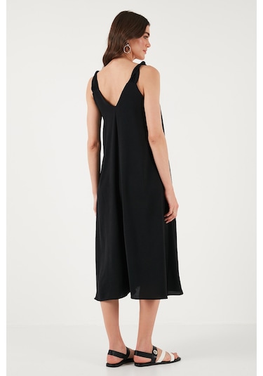 Lela Oversize Fit V Yaka Midi Boy Basic Bayan Elbise 6788688 Siyah