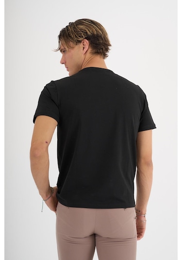 Erkek Siyah %100 Pamuklu Standart Kalıp Likralı Basic T-shirt Siyah