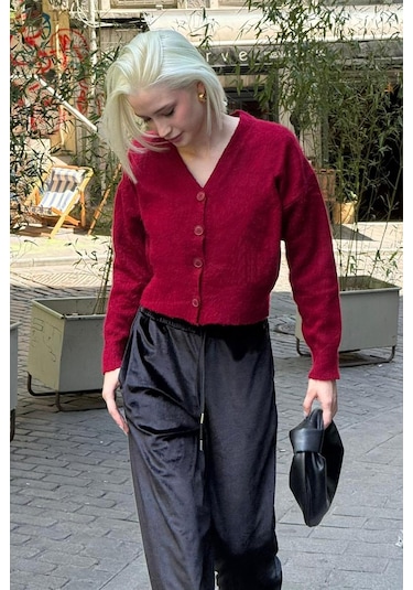 Bordo V Yaka Kadın Triko Hırka Mg2462 Bordo