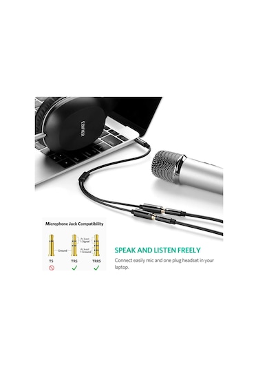 Ugreen 30620 Mikrofon Ve Kulaklık Ayırıcı 3.5Mm Y Kablo Siyah