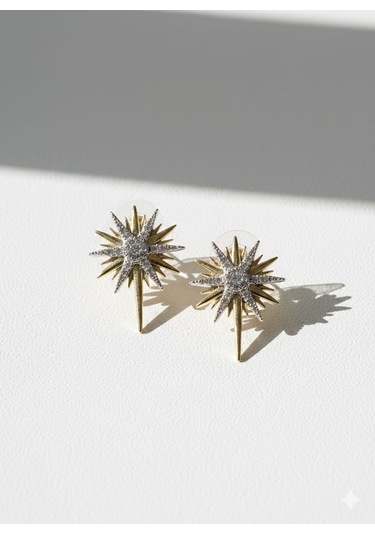 Zirkon Taşlı Çift Renk Kutup Yıldızı Küpe Işıltılı Şıklık Altın