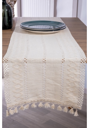 Vivamaison Organik Pamuk Dantel Runner Masa Örtüsü 35 x 150 Krem