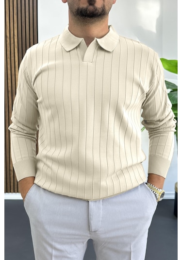 Erkek Açık Yaka Normal Kalıp Kazak Krem Edw412 Krem