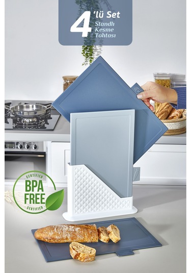 4'lü Tezgah Üstü Dikey Standlı Kesme Tahtası - Çoklu Doğrama Tahtası Ekmek Sebze Et Kesim Panosu Mavi