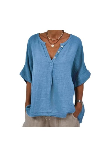 Pamuk Keten Kadın Gömlek V Yaka Düğmeli Yarım Patlet Yarım Kol Nefes Alabilir Bol Gökyüzü Mavisi Pamuk Keten Kadın Gömlek V Yaka Düğmeli Yarım Patlet Yarım Kol Nefes Alabilir Bol Gökyüzü Mavisi